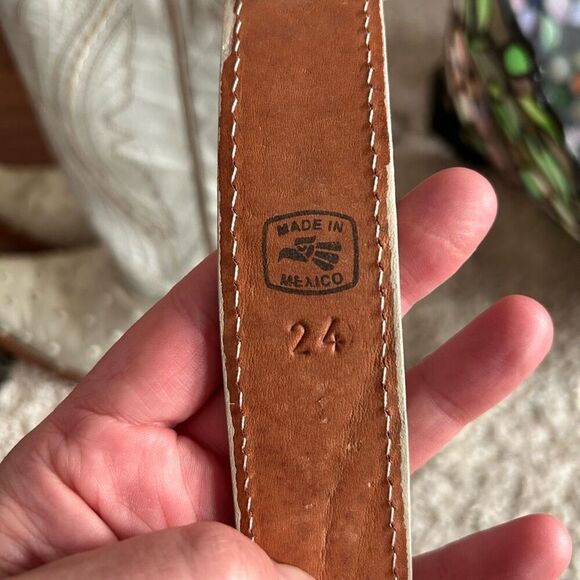 Girls Cowgirl Boots & Belt Set Leather White Ostrich Print Handmade in Mexico - Picture 16 of 16